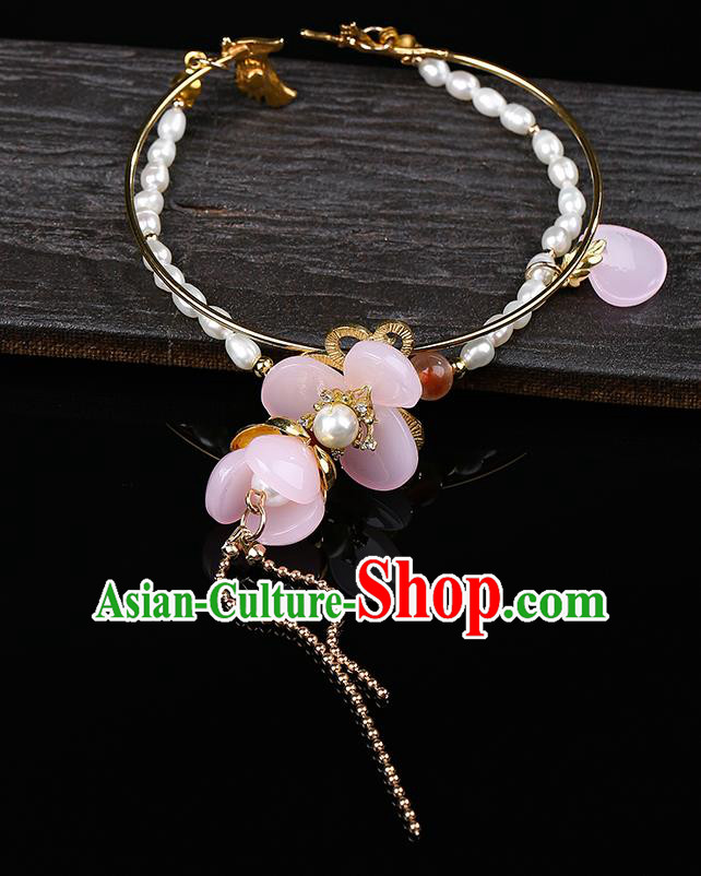 Chinese Handmade Pearls Bracelet Classical Jewelry Accessories Ancient Hanfu Pink Flower Bangle for Women