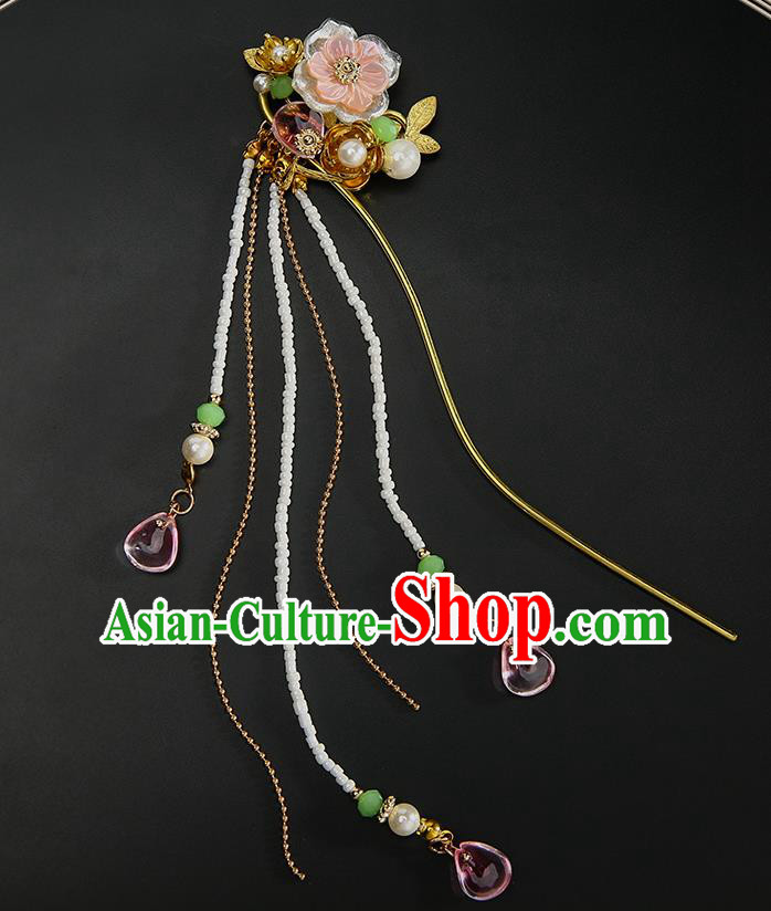 Chinese Classical Beads Tassel Hair Clip Hanfu Hair Accessories Handmade Ancient Princess Shell Flower Hairpins for Women