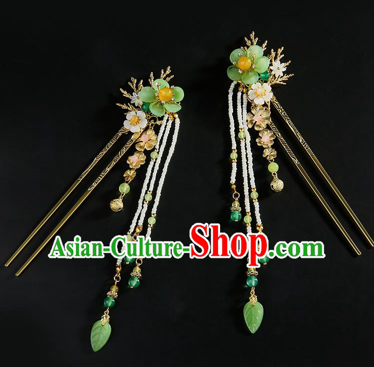 Chinese Classical Green Plum Hair Clip Hanfu Hair Accessories Handmade Ancient Princess Beads Tassel Hairpins for Women