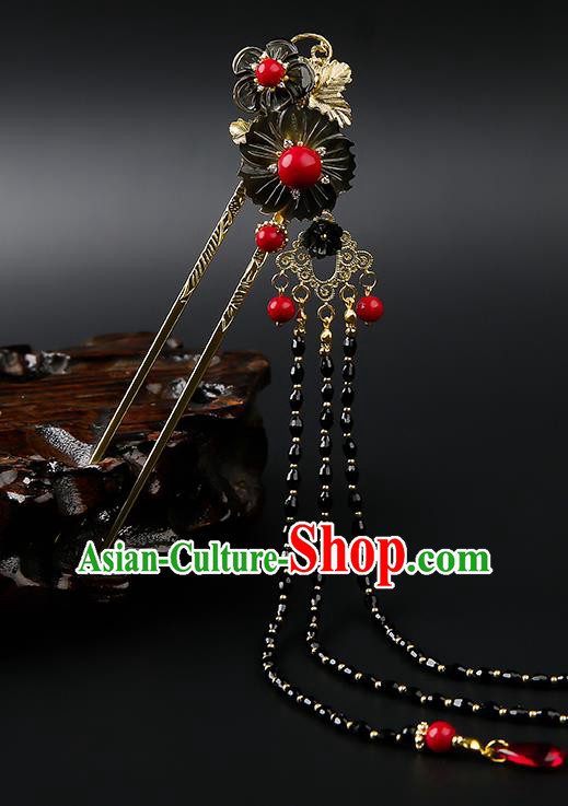 Chinese Classical Black Plum Hair Clip Hanfu Hair Accessories Handmade Ancient Song Dynasty Princess Beads Tassel Hairpins for Women