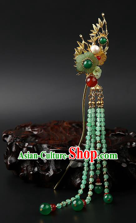 Chinese Classical Green Beads Tassel Hair Clip Hanfu Hair Accessories Handmade Ancient Princess Plum Blossom Hairpins for Women