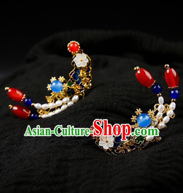 Chinese Classical Pearls Hair Combs Hanfu Hair Accessories Handmade Ancient Qing Dynasty Agate Hairpins for Women