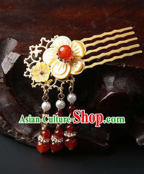 Chinese Classical Red Beads Tassel Hair Combs Pendant Hanfu Hair Accessories Handmade Ancient Princess Shell Hairpins for Women