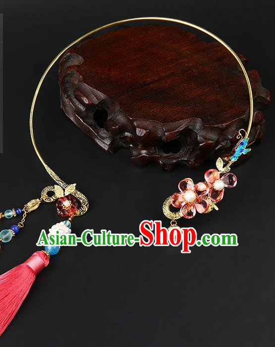 Chinese Handmade Ming Dynasty Golden Necklet Classical Jewelry Accessories Ancient Hanfu Pink Tassel Necklace for Women