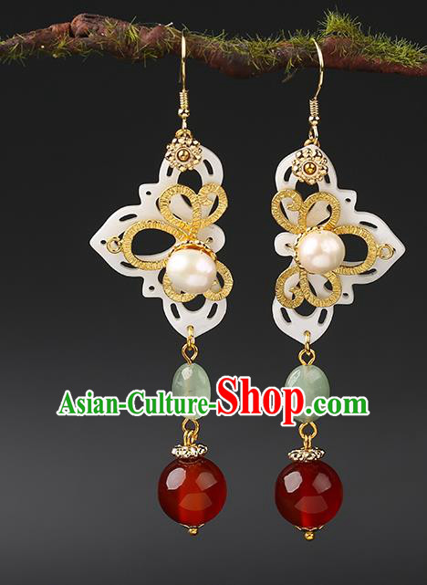 Handmade Chinese Shell Ear Accessories Classical Eardrop Ancient Women Hanfu Jade Bead Earrings