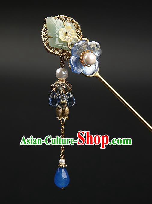 Chinese Classical Blue Stone Tassel Hair Clip Hanfu Hair Accessories Handmade Ancient Princess Hairpins for Women