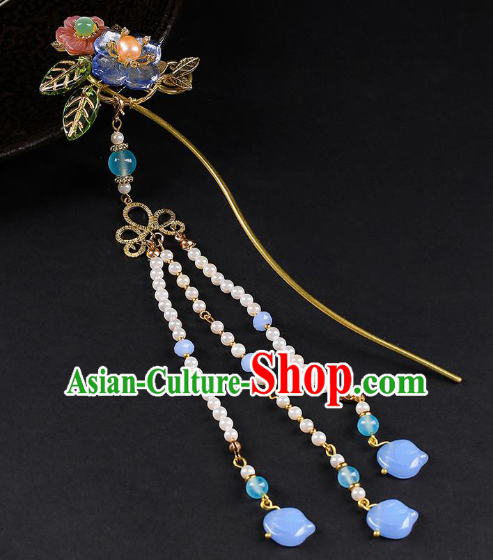 Chinese Classical Beads Tassel Hair Clip Hanfu Hair Accessories Handmade Ancient Princess Blue Plum Hairpins for Women