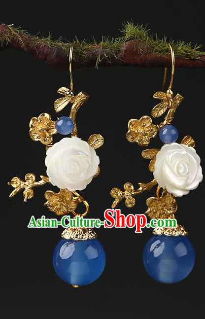 Handmade Chinese White Rose Ear Accessories Classical Eardrop Ancient Women Hanfu Blue Beads Earrings