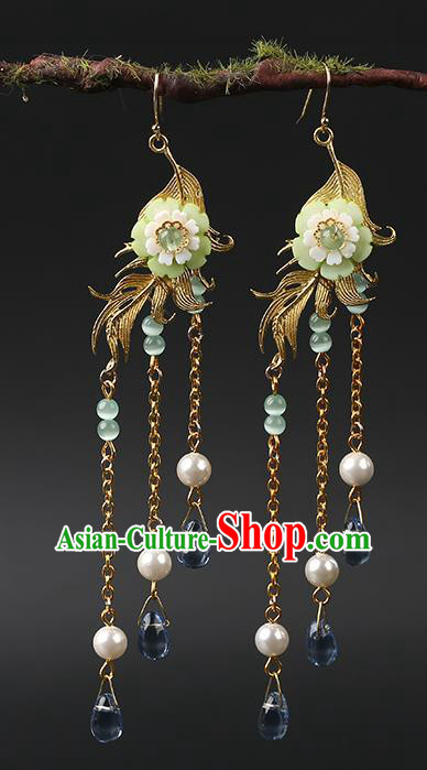 Handmade Chinese Green Flower Ear Accessories Classical Eardrop Ancient Women Hanfu Long Tassel Earrings