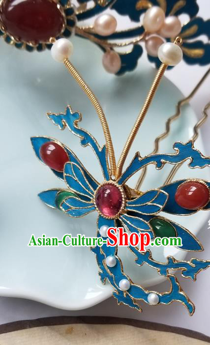 Chinese Classical Gems Dragonfly Hair Clip Hanfu Hair Accessories Handmade Ancient Qing Dynasty Empress Hairpins for Women