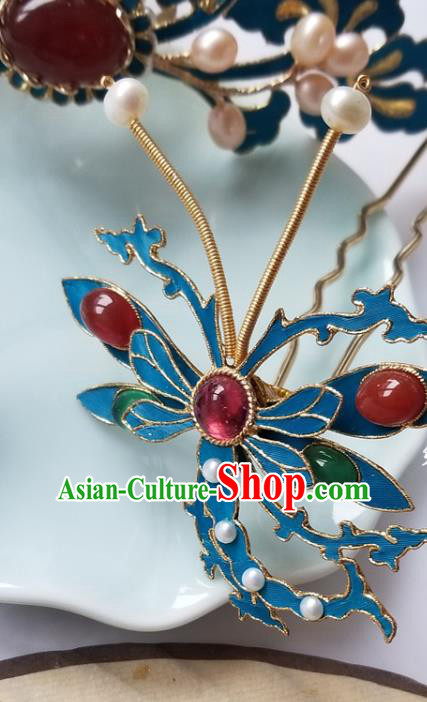 Chinese Classical Gems Dragonfly Hair Clip Hanfu Hair Accessories Handmade Ancient Qing Dynasty Empress Hairpins for Women