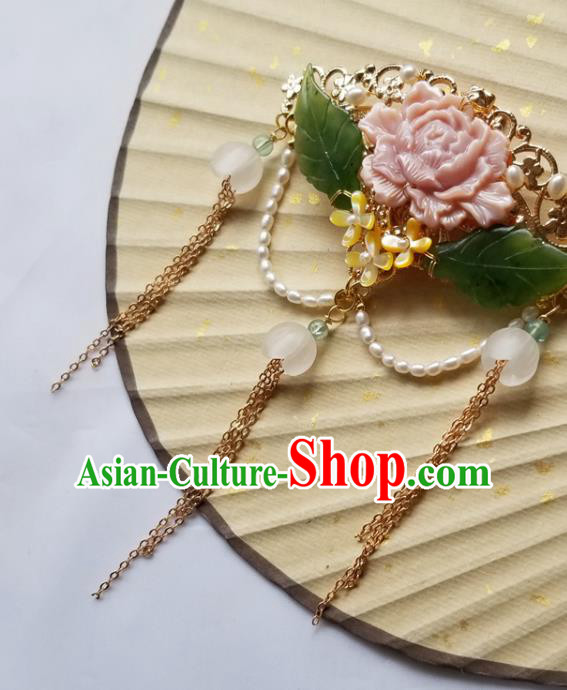 Chinese Classical Pink Peony Hair Claw Hanfu Hair Accessories Handmade Ancient Qing Dynasty Princess Tassel Hairpins for Women