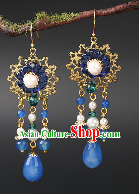 Handmade Chinese Plum Blossom Ear Accessories Classical Eardrop Ancient Women Hanfu Blue Beads Tassel Earrings