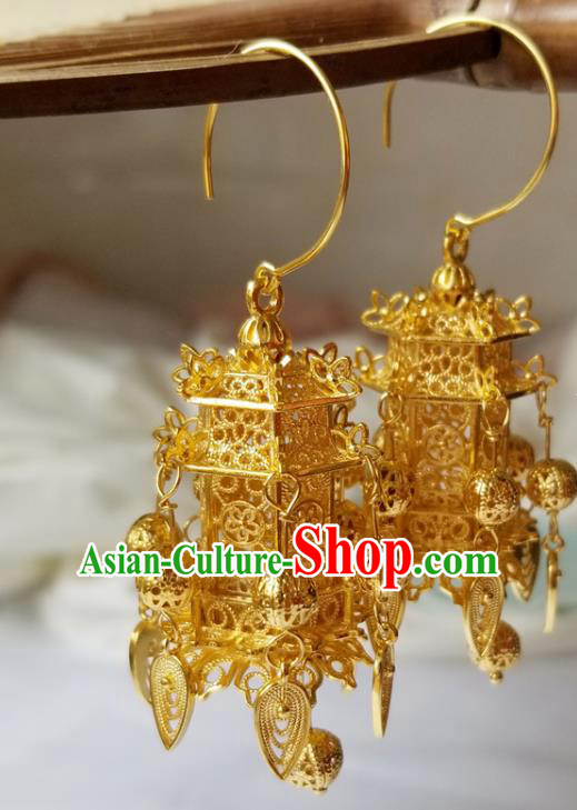 Handmade Chinese Court Woman Ear Accessories Classical Eardrop Ancient Empress Hanfu Golden Earrings