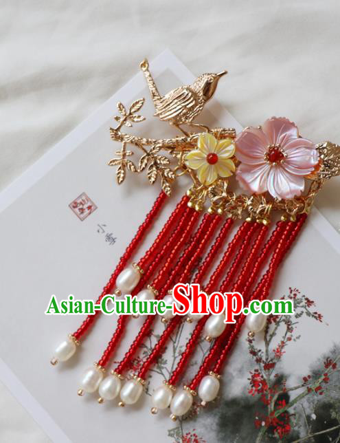 Chinese Classical Golden Bird Hair Claw Hanfu Hair Accessories Handmade Ancient Princess Red Tassel Hairpins for Women