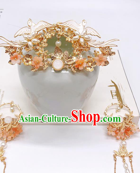 Chinese Classical Birds Hair Crown Women Hanfu Hair Accessories Handmade Ancient Princess Golden Hairpins