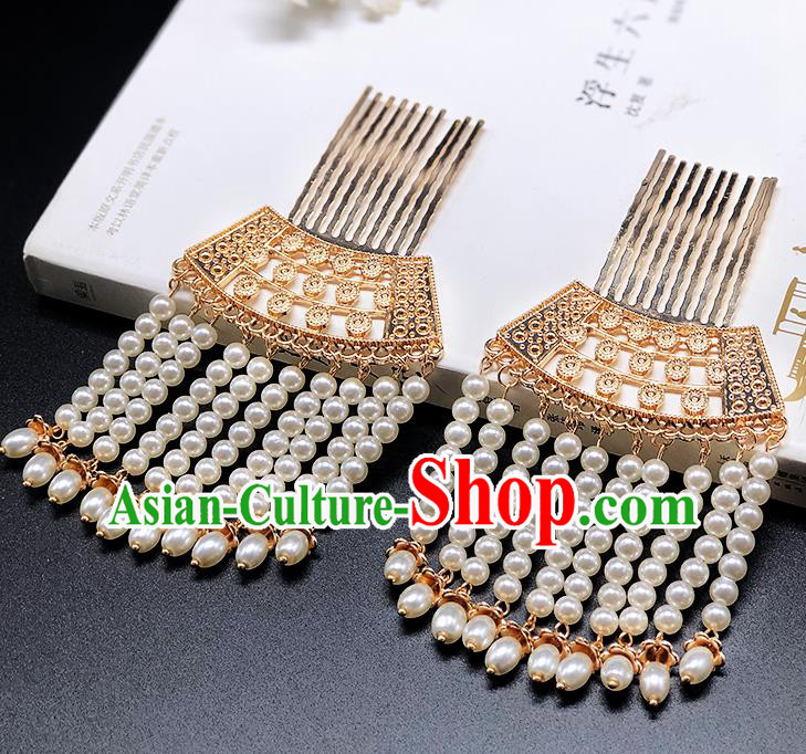 Chinese Classical Golden Hair Comb Women Hanfu Hair Accessories Handmade Ancient Tang Dynasty Tassel Hairpins