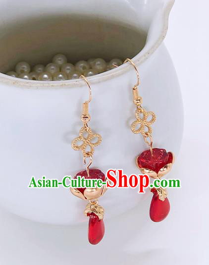 Handmade Chinese Ming Dynasty Red Lotus Seedpod Ear Accessories Classical Eardrop Ancient Court Women Hanfu Earrings