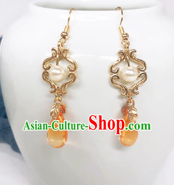 Handmade Chinese Classical Ear Accessories Eardrop Ancient Ming Dynasty Golden Court Women Hanfu Earrings