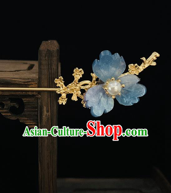 Chinese Classical Blue Flower Hair Clip Hanfu Hair Accessories Handmade Ancient Princess Hairpin for Women