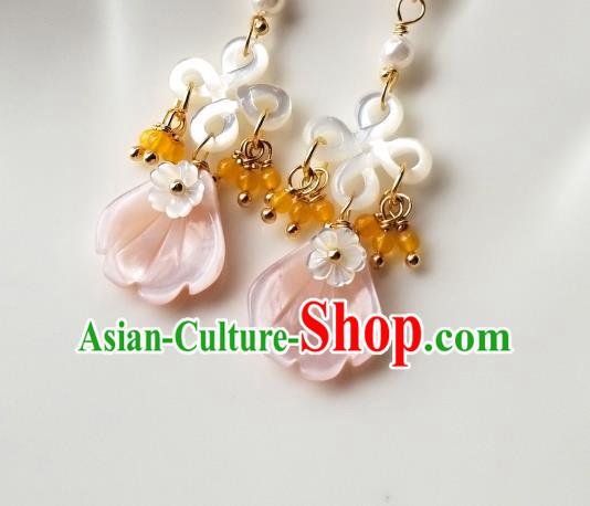 Handmade Chinese Pink Shell Ear Accessories Classical Eardrop Ancient Women Hanfu Earrings