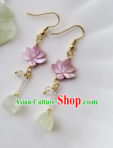 Handmade Chinese Pink Shell Lotus Ear Accessories Classical Eardrop Ancient Women Hanfu Earrings