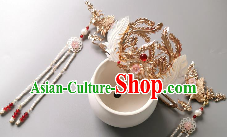 Chinese Classical Golden Phoenix Hair Crown Hanfu Hair Accessories Handmade Ancient Song Dynasty Queen Beads Tassel Hairpins for Women