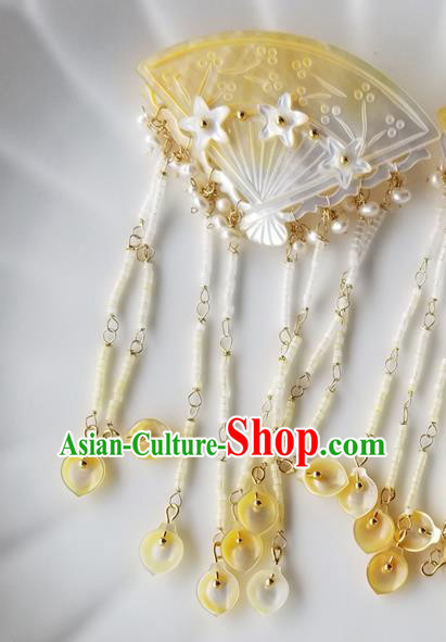 Chinese Classical Shell Fan Hair Claw Hanfu Hair Accessories Handmade Ancient Queen Beads Tassel Hairpins for Women