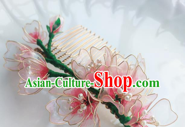 Chinese Classical Pink Flowers Hair Comb Hanfu Hair Accessories Handmade Ancient Queen Hairpins for Women