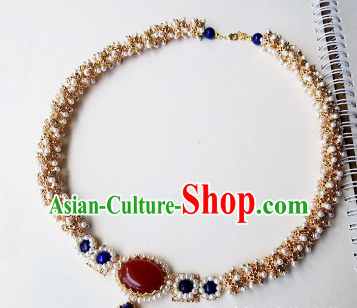 Chinese Handmade Pearls Necklet Classical Jewelry Accessories Ancient Empress Hanfu Golden Necklace for Women