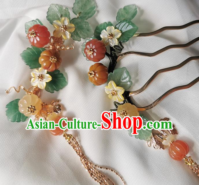 Chinese Classical Pumpkin Tassel Hair Comb Hanfu Hair Accessories Handmade Ancient Song Dynasty Princess Jade Hairpins for Women