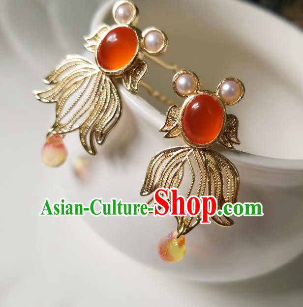 Chinese Classical Goldfish Hair Clip Hanfu Hair Accessories Handmade Ancient Song Dynasty Princess Agate Hairpins for Women