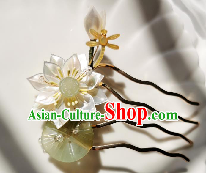 Chinese Classical White Shell Lotus Dragonfly Hair Comb Hanfu Hair Accessories Handmade Ancient Song Dynasty Empress Hairpins for Women