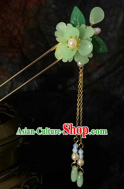 Chinese Classical Green Flowers Hair Clip Hanfu Hair Accessories Handmade Ancient Princess Hairpins Tassel Step Shake for Women