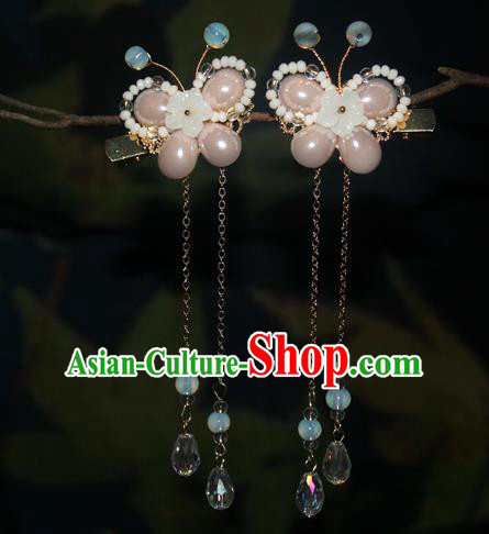 Chinese Classical Pink Pearls Butterfly Hair Sticks Hanfu Hair Accessories Handmade Ancient Princess Tassel Hair Claws for Women