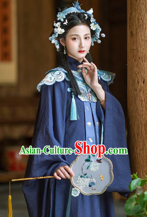 Chinese Ancient Ming Dynasty Royal Princess Navy Gown and Skirt Traditional Hanfu Apparels Historical Costumes for Rich Women