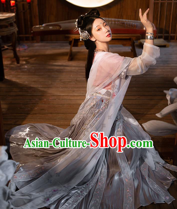 Chinese Tang Dynasty Historical Costumes Traditional Hanfu Apparels Ancient Goddess Embroidered Half Sleeved Garment Blouse and Skirt Full Set