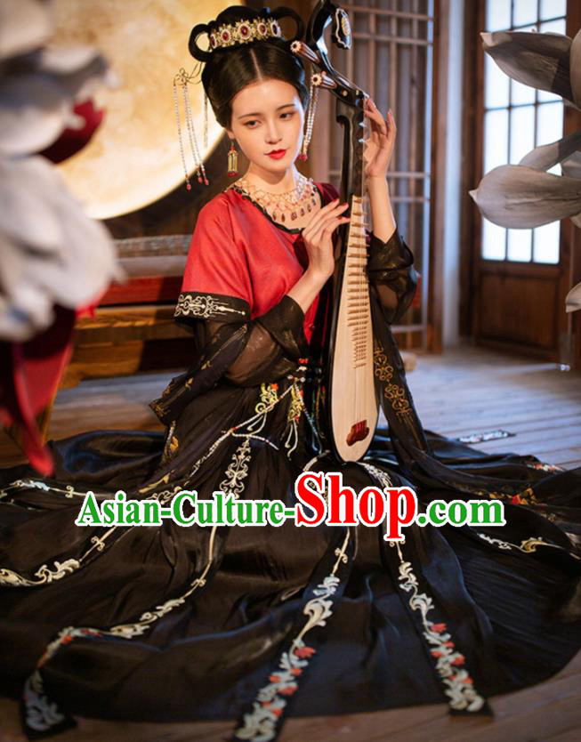 Chinese Ancient Tang Dynasty Dunhuang Apsaras Dance Costumes Traditional Embroidered Red Half Sleeved Garment Blouse and Skirt Hanfu Apparels