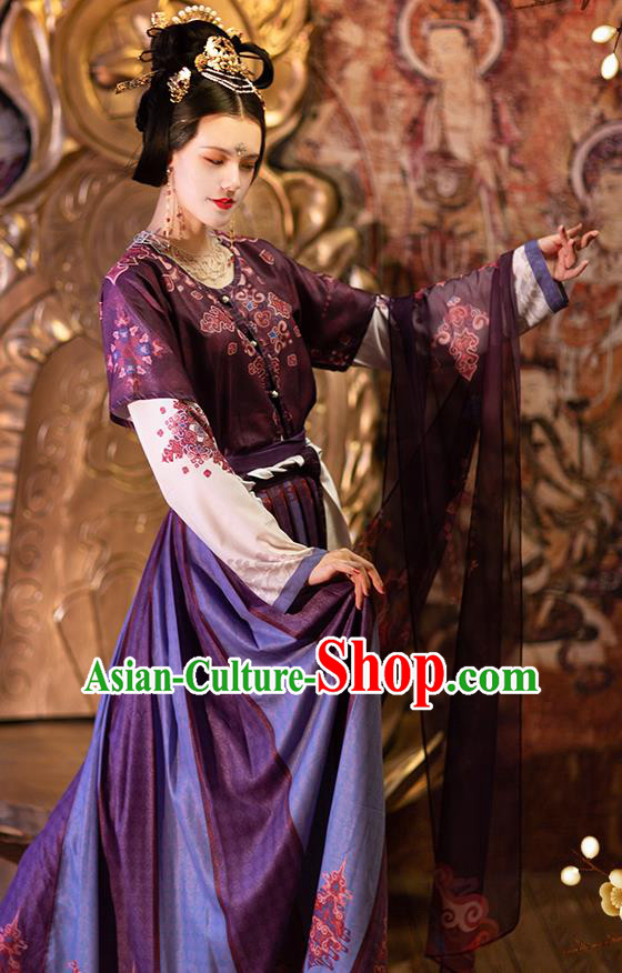 Chinese Ancient Goddess Purple Hanfu Dress Traditional Tang Dynasty Flying Apsaras Dance Half Sleeved Garment Blouse and Skirt Costumes