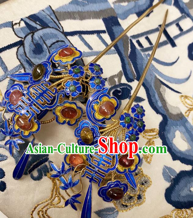 Chinese Classical Court Gems Hair Clip Women Hanfu Hair Accessories Handmade Ancient Qing Dynasty Empress Cloisonne Hairpins