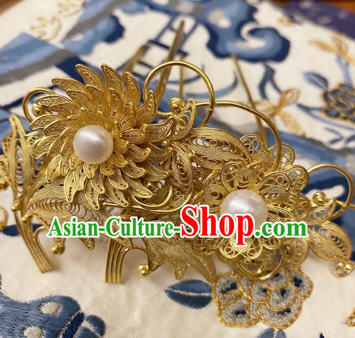 Chinese Classical Court Flower Hair Clips Women Hanfu Hair Accessories Handmade Ancient Tang Dynasty Empress Golden Hairpins