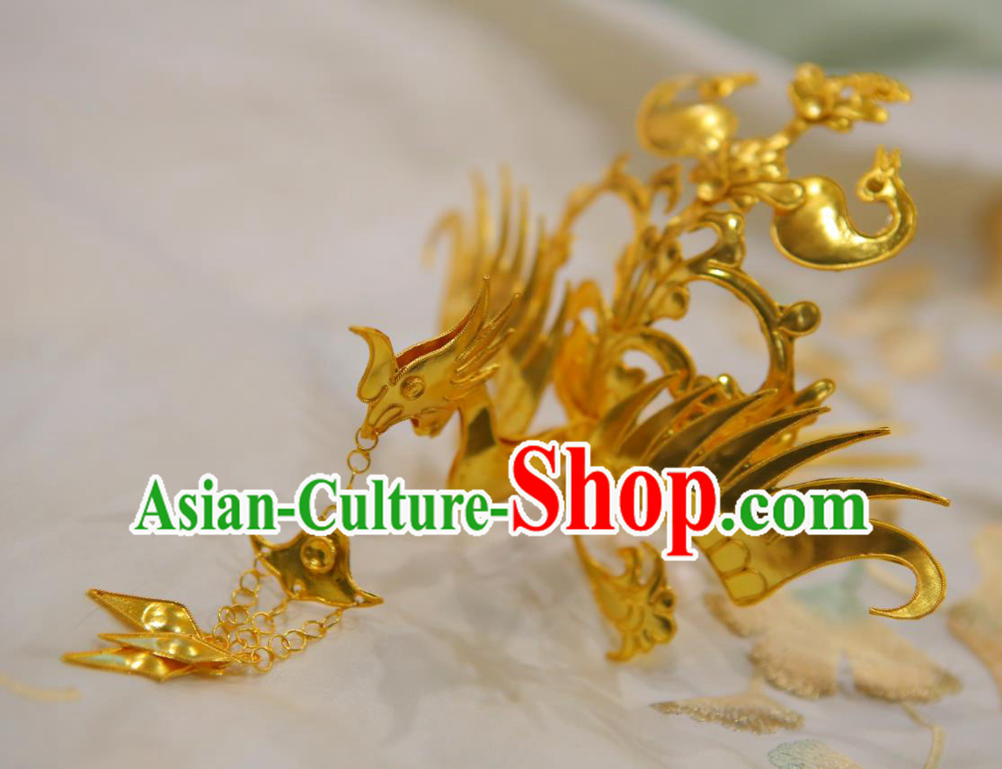 Chinese Classical Court Phoenix Hair Crown Women Hanfu Hair Accessories Handmade Ancient Tang Dynasty Empress Golden Tassel Hairpins Phoenix Coronet