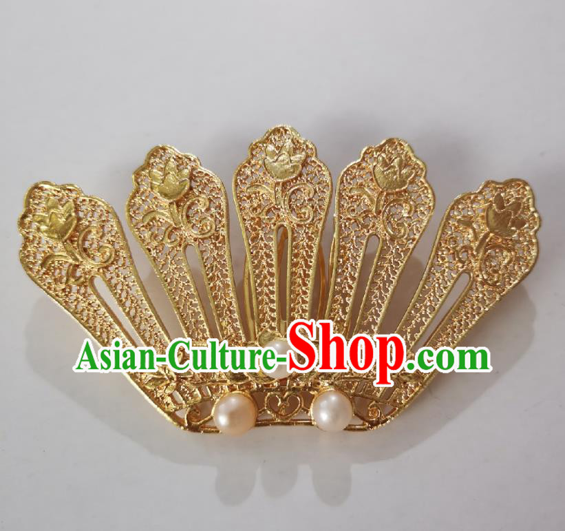 Chinese Classical Court Queen Golden Hair Comb Women Hanfu Hair Accessories Handmade Ancient Tang Dynasty Imperial Concubine Pearls Hairpins