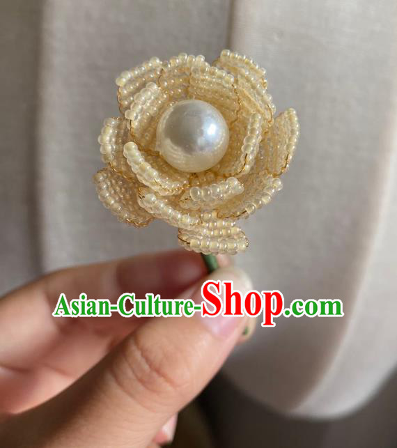 Chinese Classical Court Beige Beads Flower Hair Clip Women Hanfu Hair Accessories Handmade Ancient Qing Dynasty Princess Hairpins