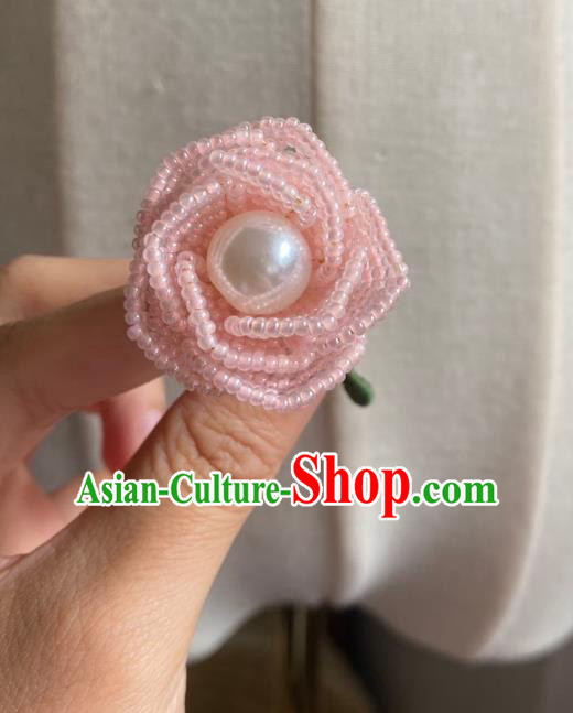 Chinese Classical Court Pink Beads Rose Hair Clip Women Hanfu Hair Accessories Handmade Ancient Qing Dynasty Princess Hairpins