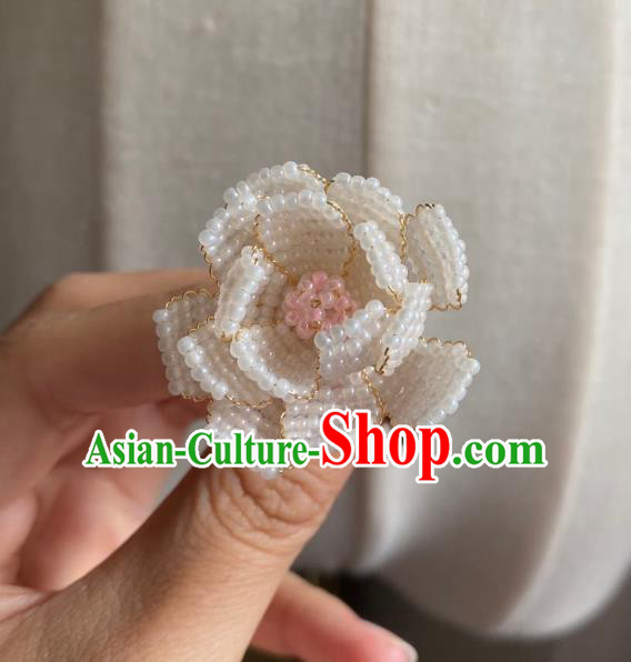 Chinese Classical Court White Beads Camellia Hair Clip Women Hanfu Hair Accessories Handmade Ancient Qing Dynasty Princess Hairpins