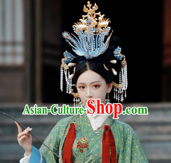 Chinese Classical Ancient Queen Phoenix Hair Crown Women Hanfu Hair Accessories Handmade Song Dynasty Empress Hairpins Complete Set