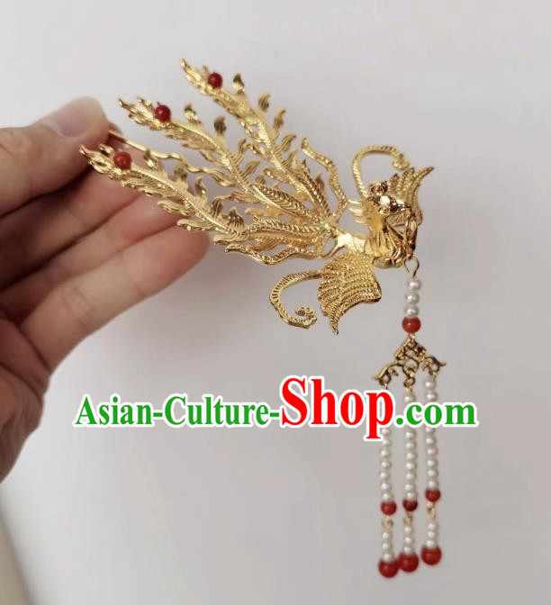 Chinese Classical Ancient Empress Golden Phoenix Hairpins Women Hanfu Hair Accessories Handmade Ming Dynasty Court Tassel Hair Clip