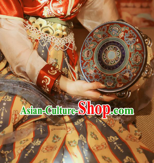 Chinese Classical Dance Drum Ancient Tang Dynasty Tabour Blue Ribbon Bells Tambourine