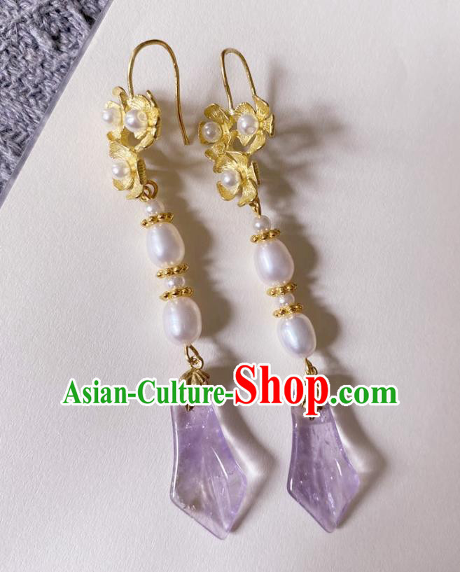 Handmade Chinese Classical Pearls Eardrop Cheongsam Amethyst Ear Accessories Ancient Hanfu Golden Earrings